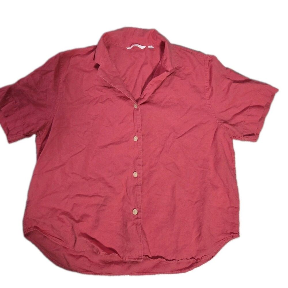 Uniqlo Coral Red Linen Blend Short Sleeve Button Up Shirt Collar Boxy Sz S EUC